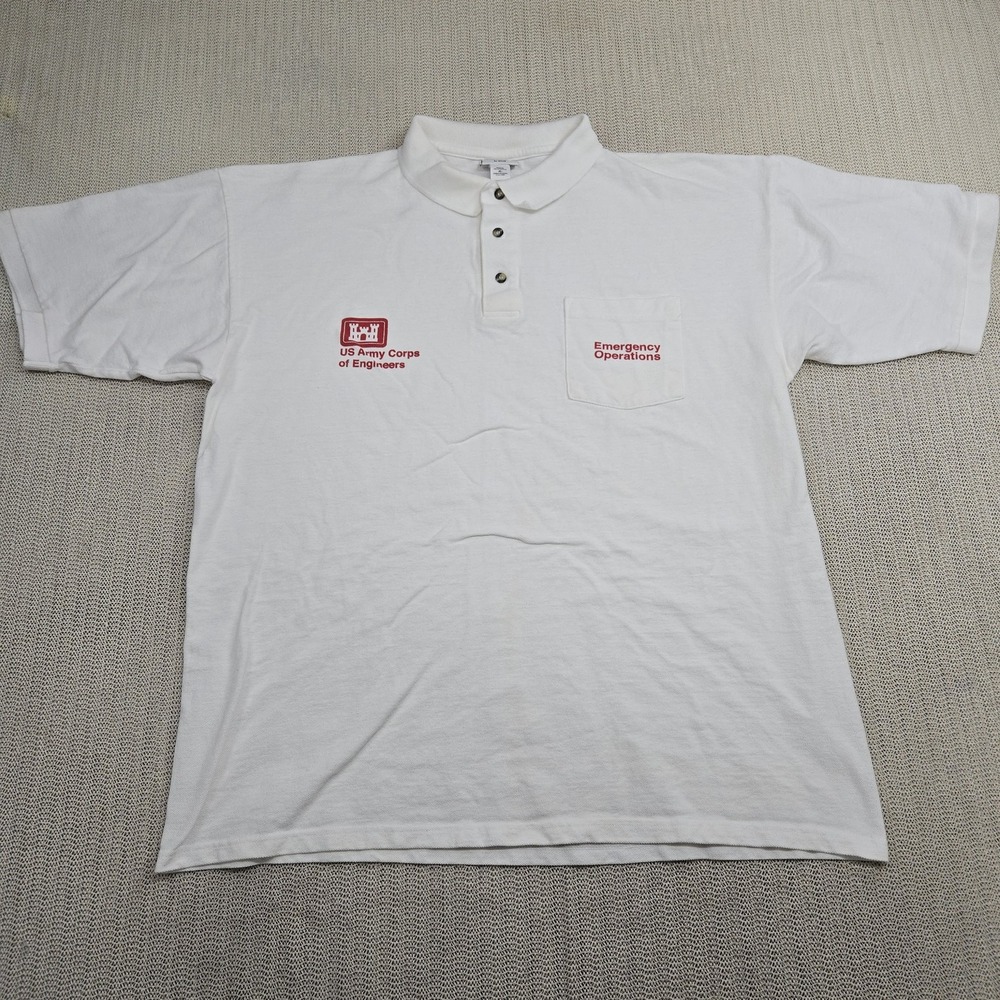 Vtg US Army Corps Engineers Shirt Mens XL White Emergency Operations Polo Cotton